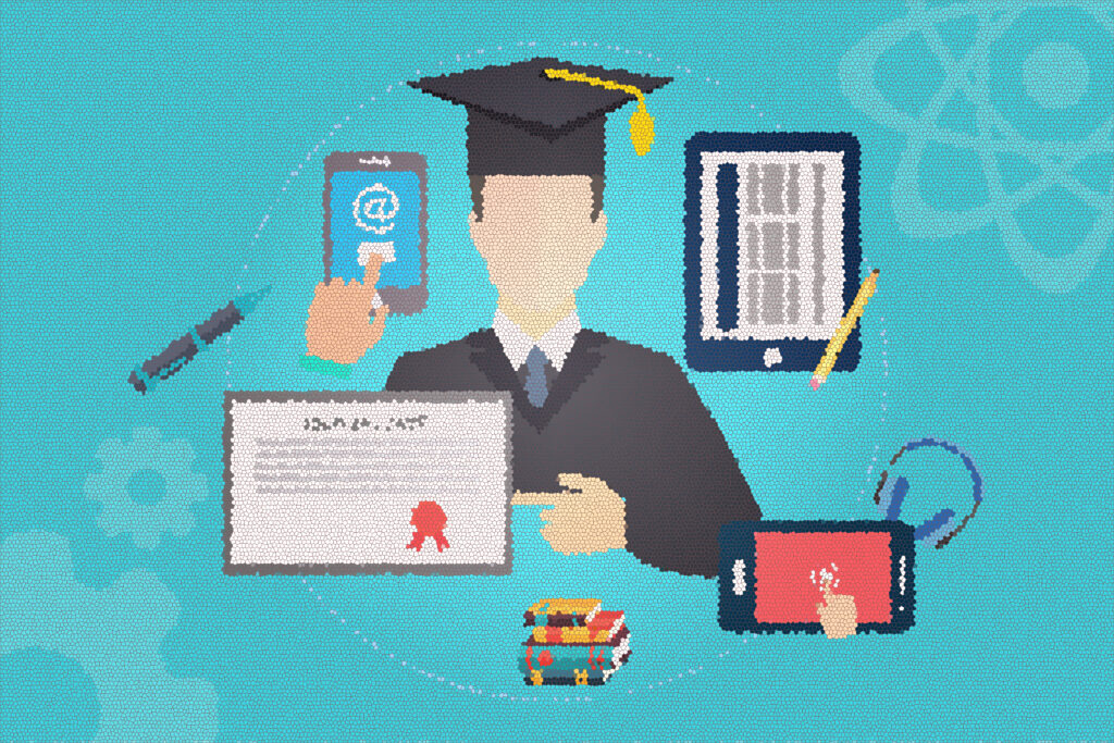 Digital illustration of online education tools including a graduation cap, certificate, mobile devices, and books.